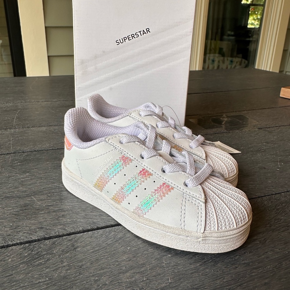 Adidas Superstar White Shoes with Iridescent Stripes